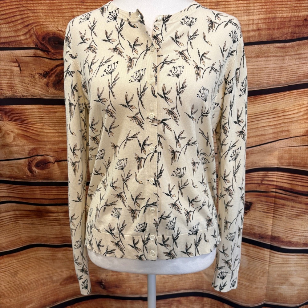 Ann Taylor LOFT Womens Cream Floral Button Front Cardigan Size M